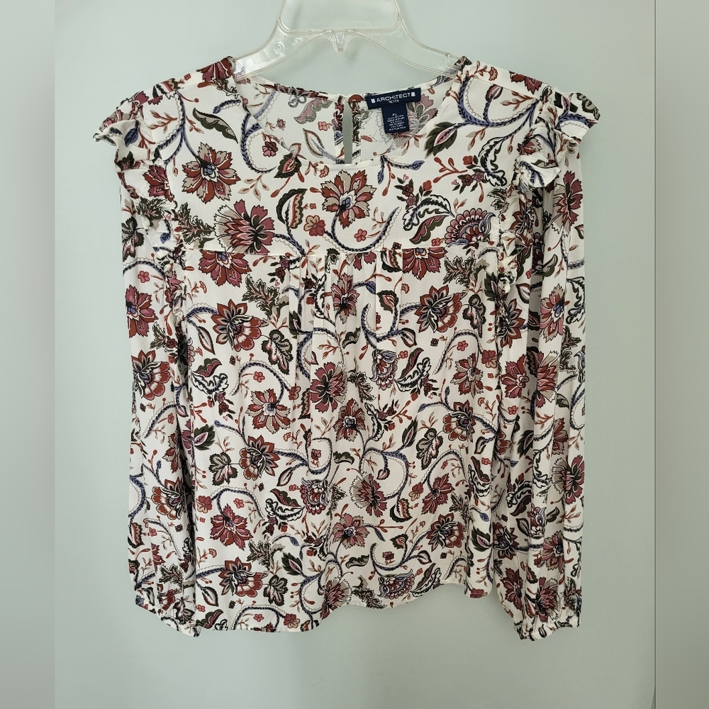 Architect Paisley Floral Ruffle Shoulder Long Sleeve Blouse Top Large‎ Petite PL